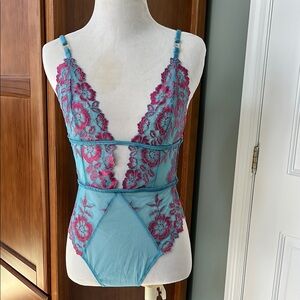 Adore Me Blue and Pink Chemise with Floral Lace Details